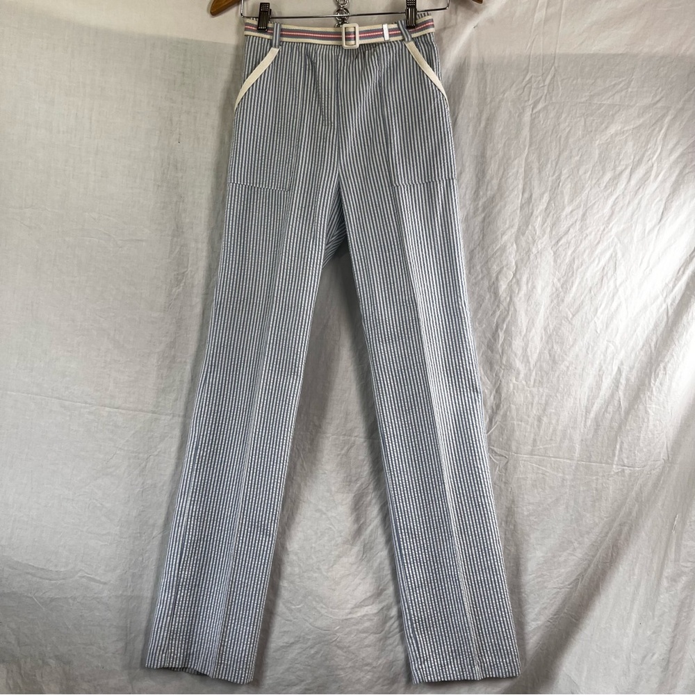 Vintage Wrangler Juniors 3 Seersucker Pull On Pants Blue White Stripes Belted